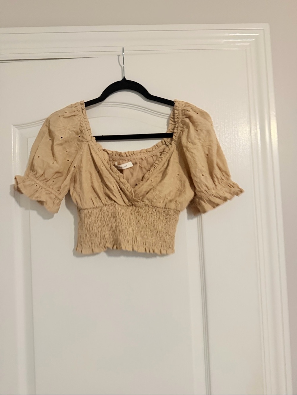 Mustard Seed Beige Eyelet Smocked Crop Top